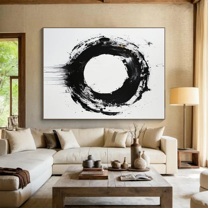 White, Black and Gold Abstract Circle "Dynamic Enso" Painting On Canvas HB366
