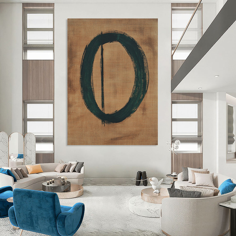 Contemporary abstract art features a green circular number zero on brown paper accented by thin black lines, crafted in an oil painting style. DLZ1466