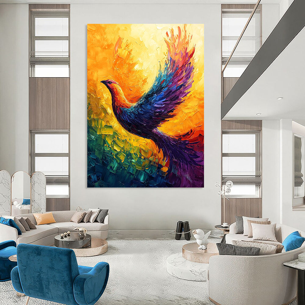 Contemporary abstract art featuring a vibrant phoenix with radiant colors and dynamic brush strokes, creating a captivating display of movement and energy. DLZ1500
