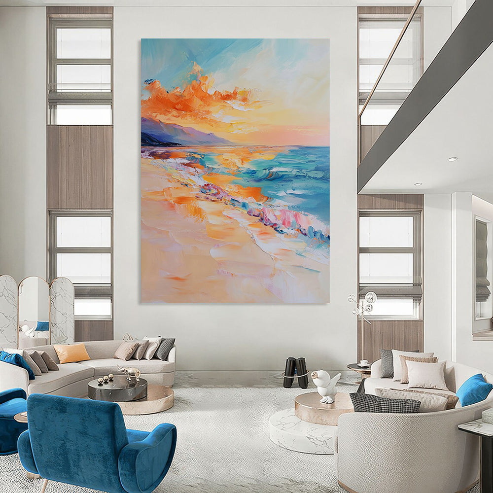 Contemporary abstract oil painting of the sea featuring golden sunset light vibrant orange and blue tones and detailed brushstrokes conveying tranquility and calmness DLZ1120