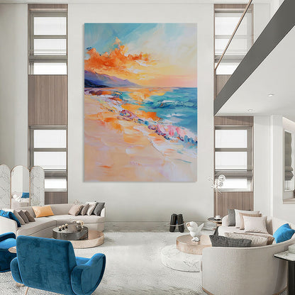 Contemporary abstract oil painting of the sea featuring golden sunset light vibrant orange and blue tones and detailed brushstrokes conveying tranquility and calmness DLZ1120
