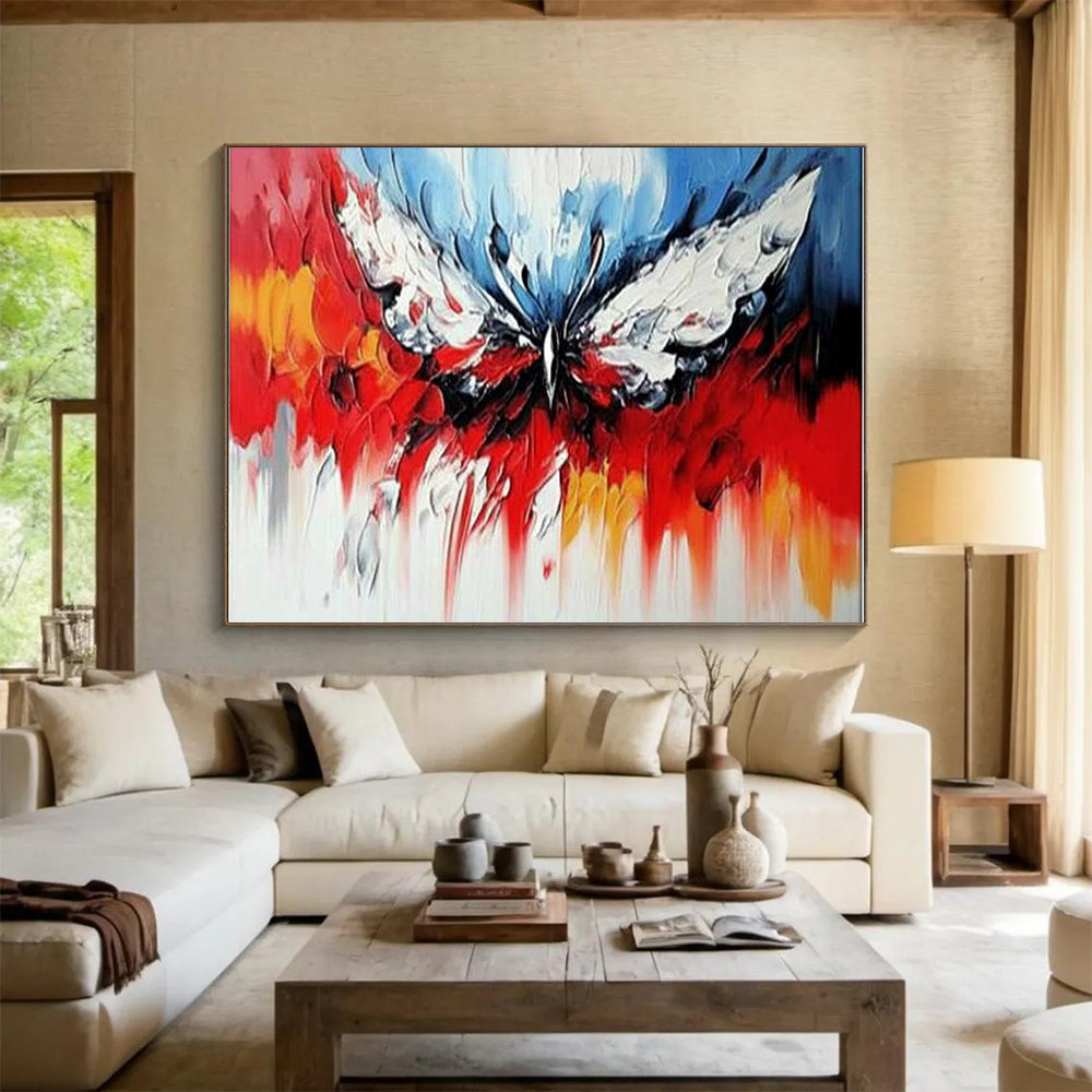 Red, Blue, White, Yellow and Gray Abstract Butterfly "Vibrant Wings" Painting On Canvas HB0418