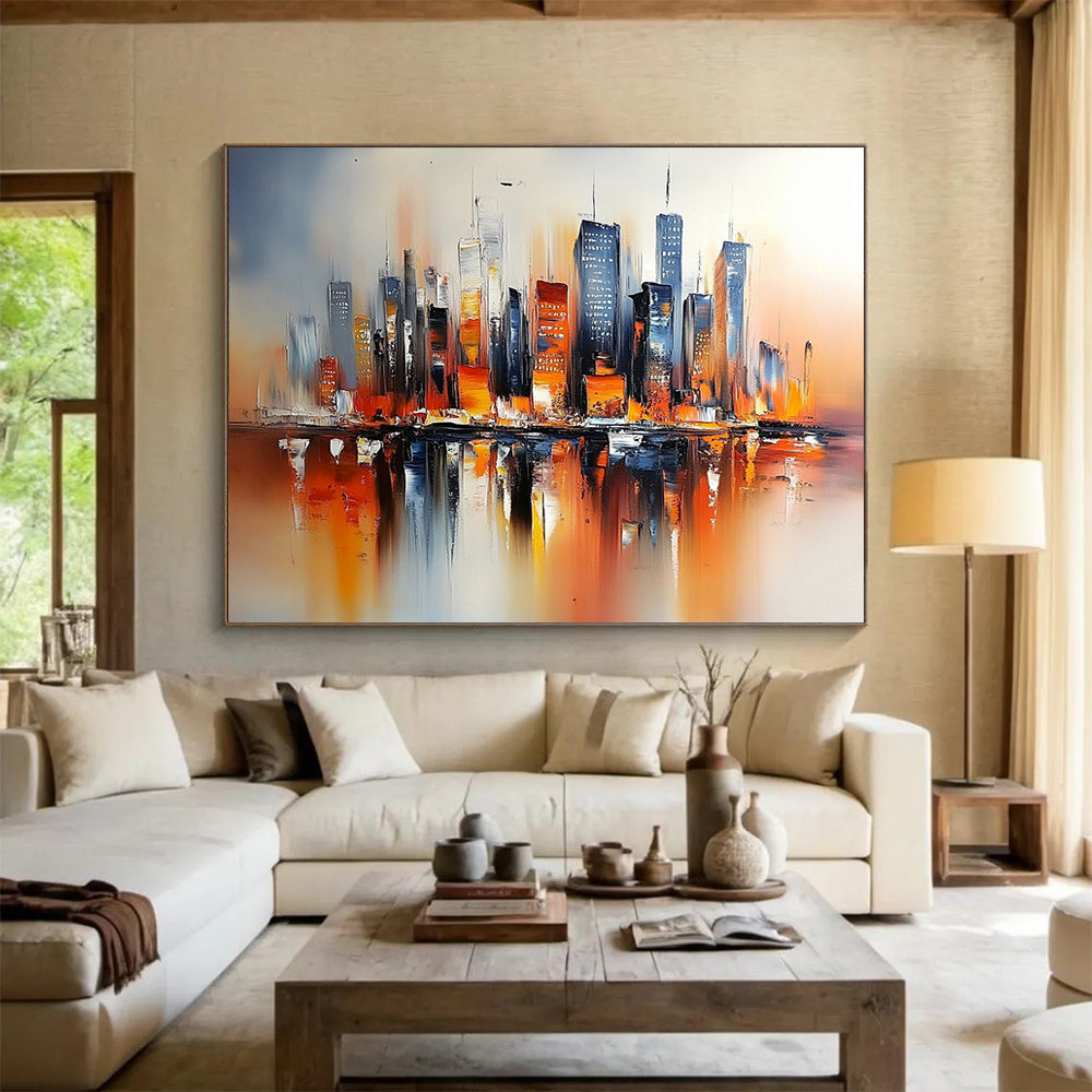 Colorful Cityscape with Reflections "Urban Glow" Painting On Canvas HB0664