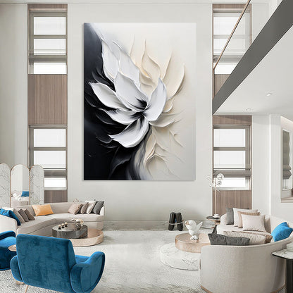 Contemporary abstract flower painting with smooth brushstrokes and monochrome palette evokes tranquility and elegance through delicate petal details and soft lighting. DLZ0828