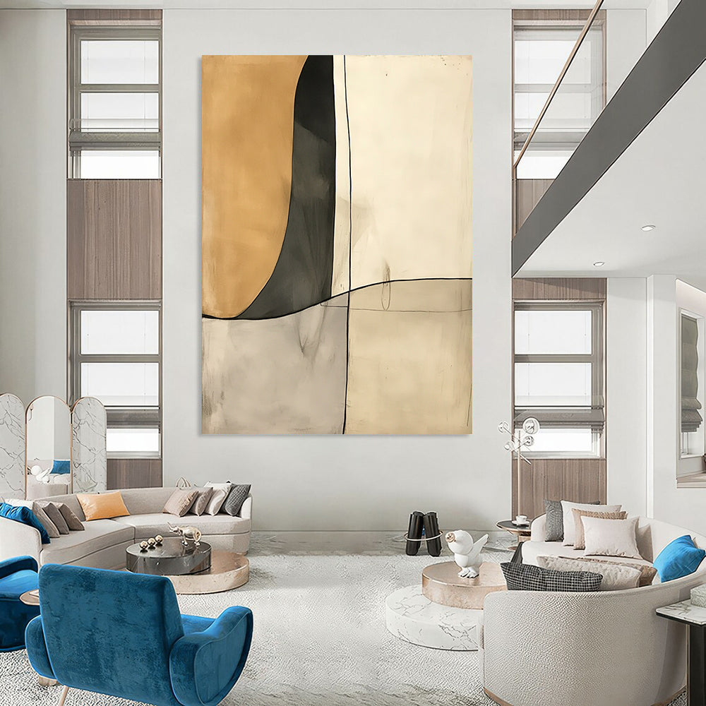 Contemporary hand-painted abstract art featuring deconstructed minimalism in cream and gray tones with negative space and fluid shapes. DLZ1391