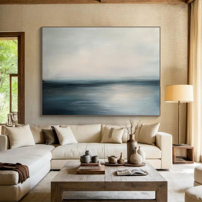 “Minimalist Sea Horizon” - Gray, Blue, White - Minimalist Sea - Acrylic Painting HB1303