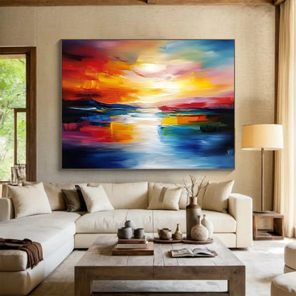 “Fiery Sunset Reflections” - Bold Reds, Oranges, Yellows, and Blues, Dramatic Sunset Over Water Painting On Canvas HB0910