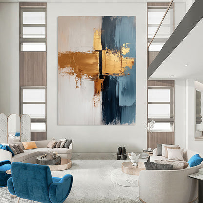 Contemporary abstract painting features a white background with gold and gray brush strokes delivering tranquility and elegance suitable for living room or bedroom decor. DLZ0689
