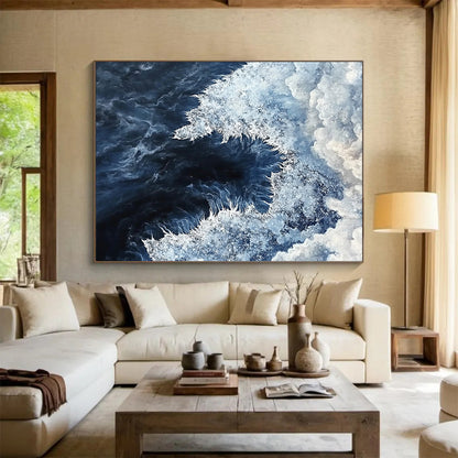 “Ocean Vortex” - Deep Blue, White, Dynamic Sea Painting On Canvas HB0696