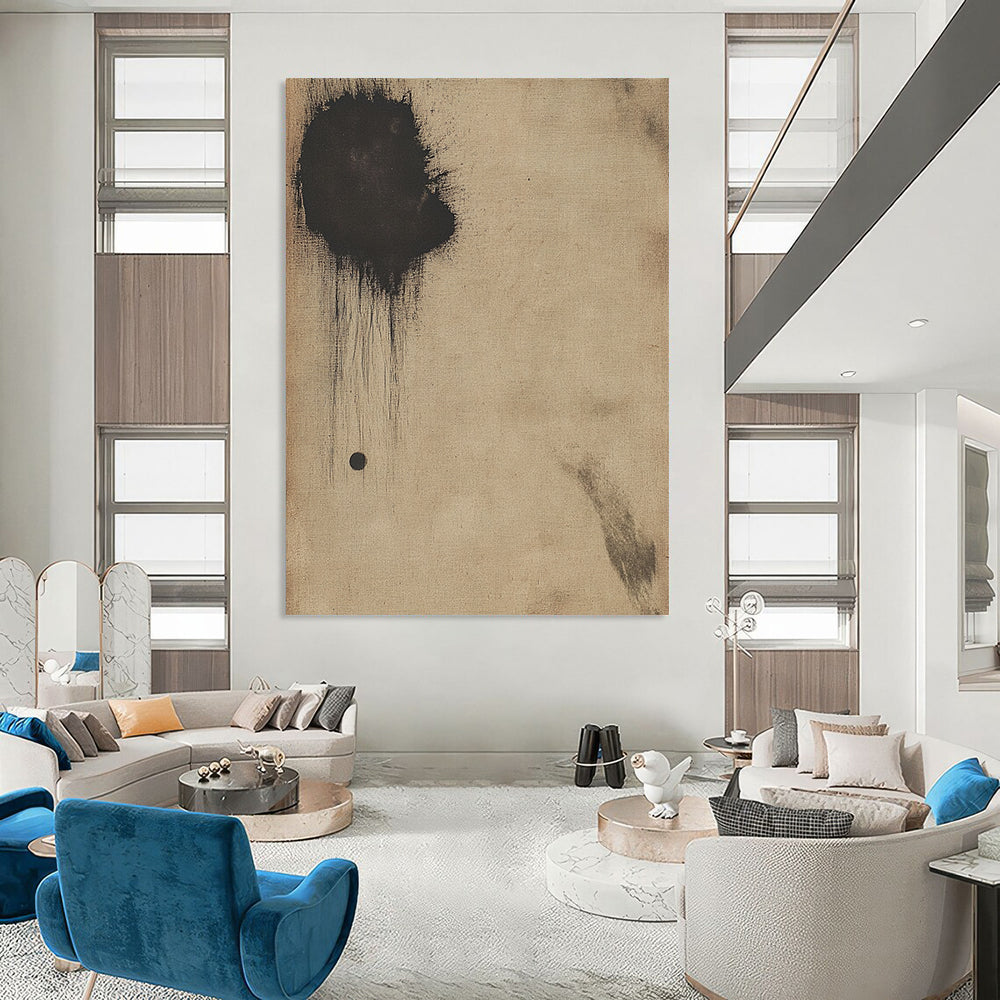 Contemporary hand-painted abstract art on antique beige paper featuring a small dark circle and a large black smudge for a striking visual impact. DLZ0678