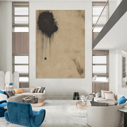 Contemporary hand-painted abstract art on antique beige paper featuring a small dark circle and a large black smudge for a striking visual impact. DLZ0678
