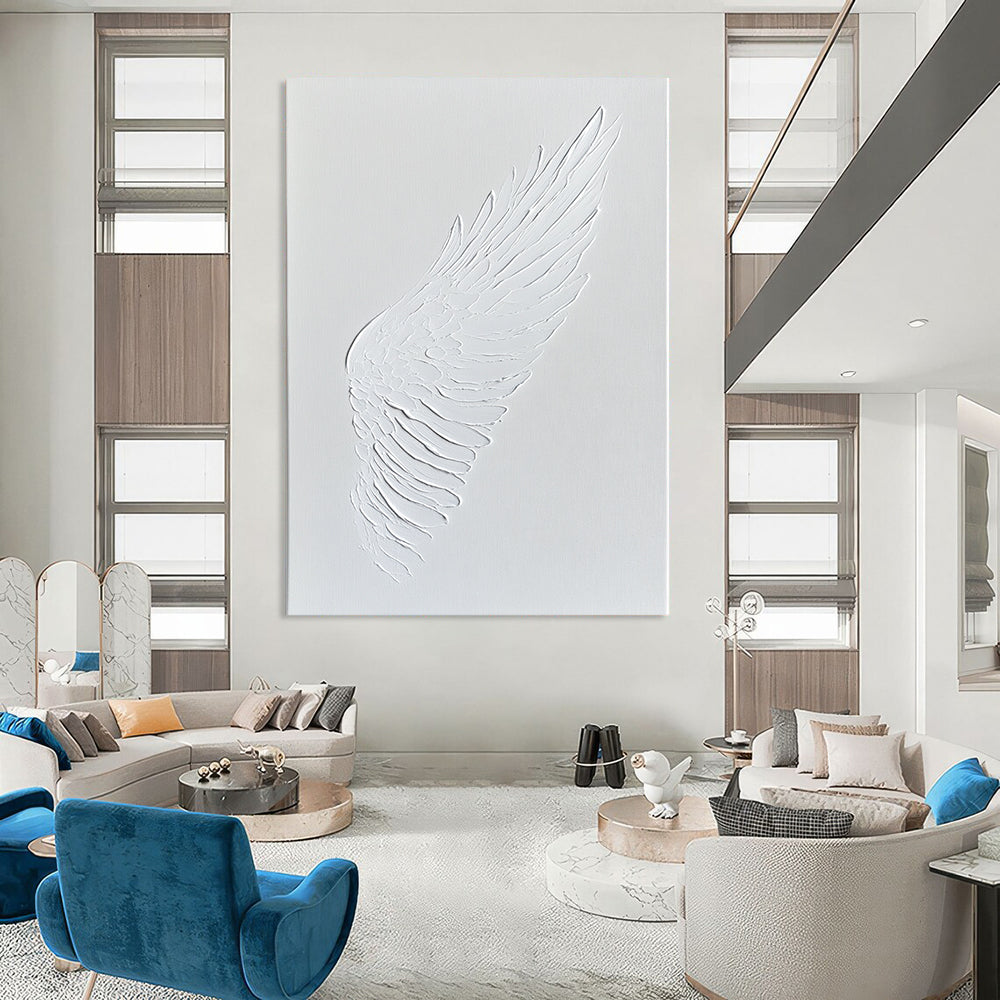 Contemporary abstract art featuring a white wing embossed in acrylic paint on a pristine canvas, showcasing minimalistic elegance and sophistication. DLZ1756
