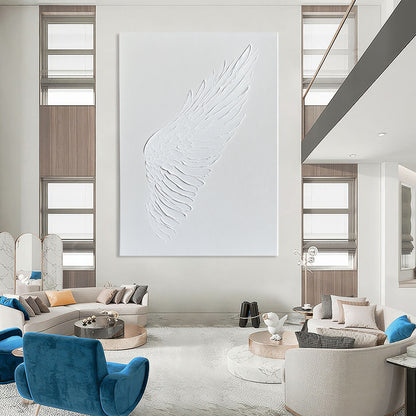 Contemporary abstract art featuring a white wing embossed in acrylic paint on a pristine canvas, showcasing minimalistic elegance and sophistication. DLZ1756