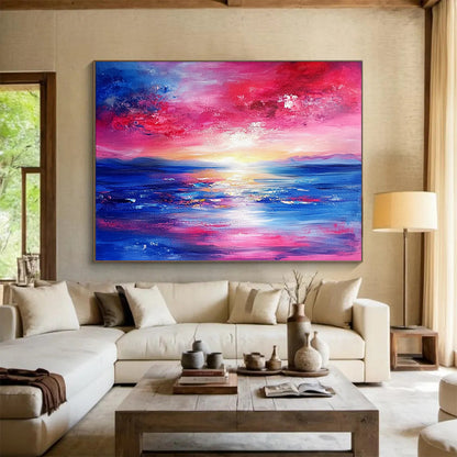“Vibrant Sunset Seascape” - Pink, red, blue, yellow; Abstract sunset sea; Expressive Oil Painting On Canvas HB1193