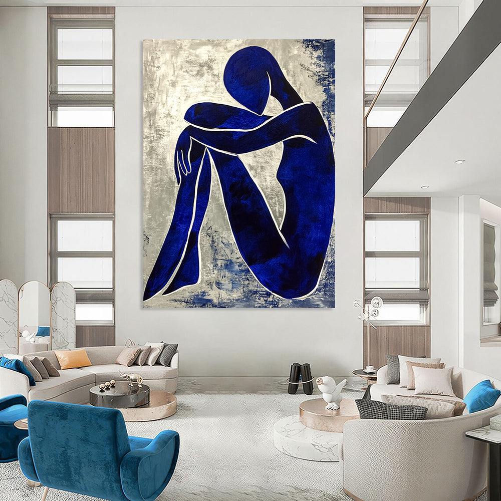 Contemporary abstract painting featuring a textured blue figure with crossed legs and hands on knees enhanced by white contour lines in the style of Matisse. DLZ0361