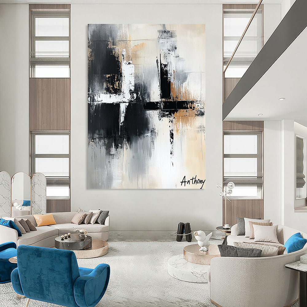 Contemporary abstract art features the word Anthony in white black and grey with bold brush strokes and layered textures creating depth and elegance. DLZ1422