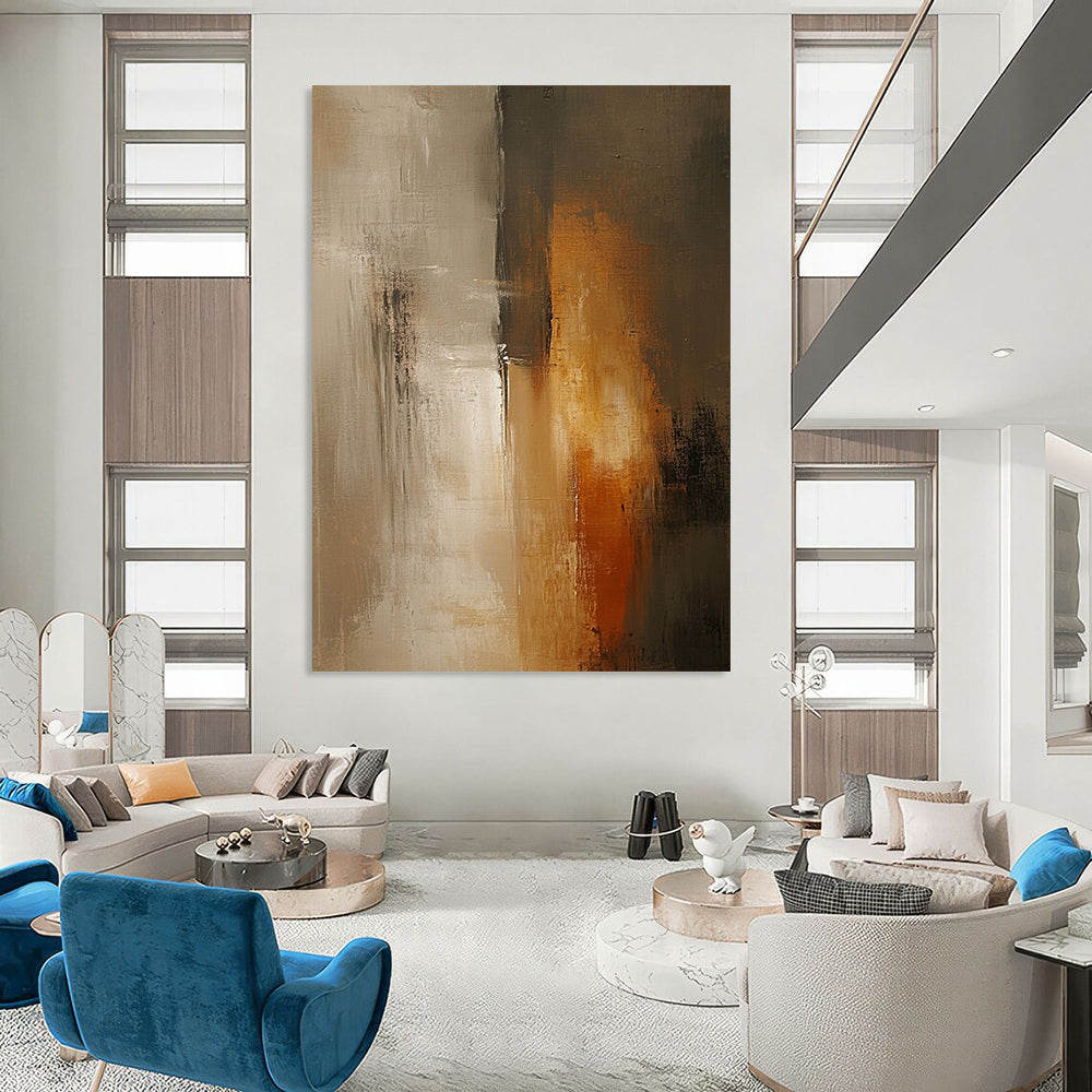 Contemporary abstract painting with soft beige and grey tones features tall vertical elements, blurred edges, and a textured surface against a dark gray wall. DLZ0560