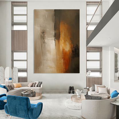Contemporary abstract painting with soft beige and grey tones features tall vertical elements, blurred edges, and a textured surface against a dark gray wall. DLZ0560