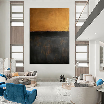 Contemporary large hand-painted abstract art features a minimalist brown and dark gray oil on canvas background in the style of Mark Rothko. DLZ0700