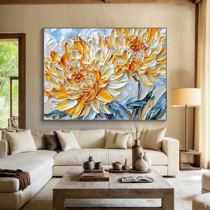 Yellow, White, Orange and Blue Textured Flower "Sunny Petals" Painting On Canvas HB0657