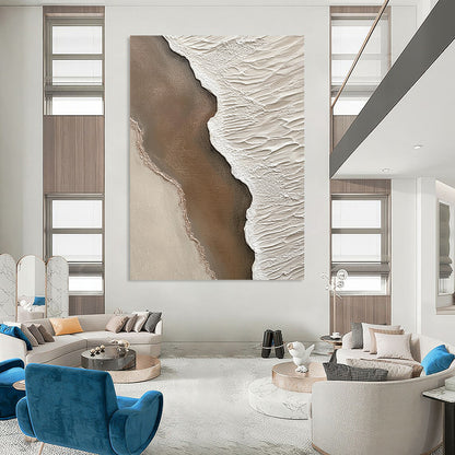 Contemporary abstract artwork highlighting textured sand and water at the beach with intricate details in brown and white creating a serene coastal atmosphere. DLZ1210