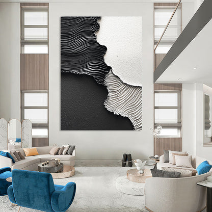 Contemporary hand-painted abstract art featuring dynamic black paint waves on textured paper showcasing intricate details and high-resolution depth. DLZ1538