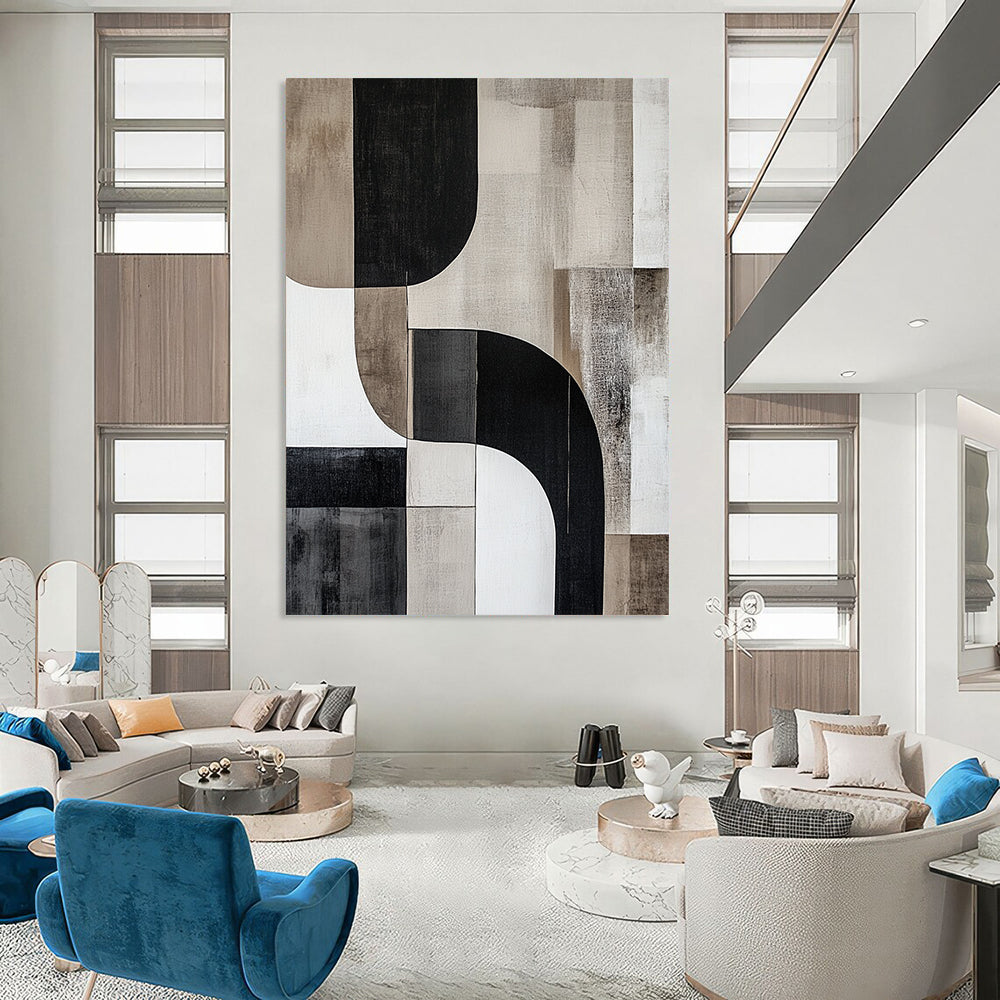 Contemporary abstract artwork features curved shapes and lines in cool grays with striking contrasts, creating a minimalist depth without any text. DLZ0856