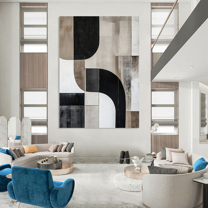 Contemporary abstract artwork features curved shapes and lines in cool grays with striking contrasts, creating a minimalist depth without any text. DLZ0856