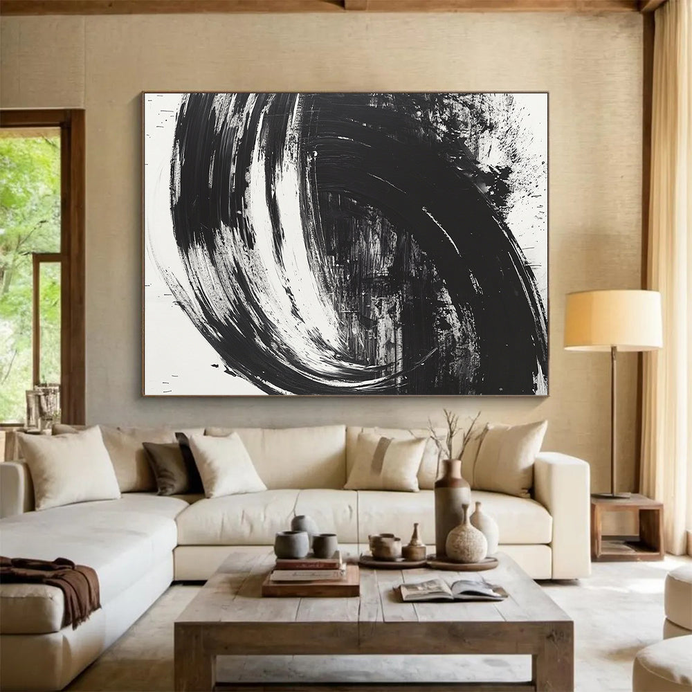Black, White, Swirling Strokes "Monochrome Vortex" Abstract Modernist Painting On Canvas HB093