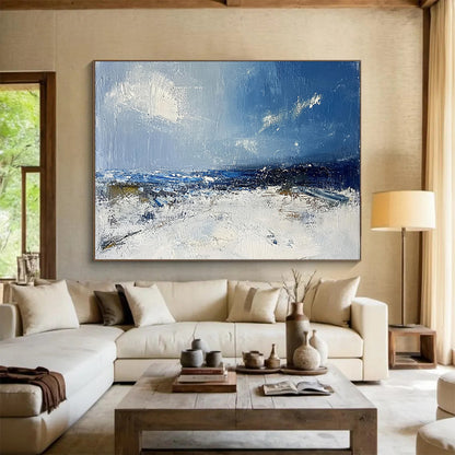 “Blue and White Coastal Abstract” - Blue, White, Seaside Motifs Painting On Canvas HB0871