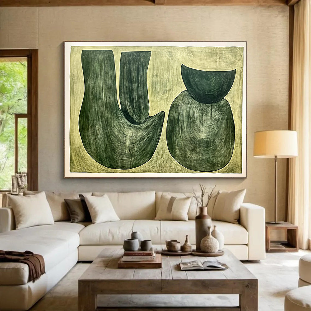 “Green Shapes on Beige” - Greens, Beiges, Abstract Organic Shapes - Acrylic Painting HB1762