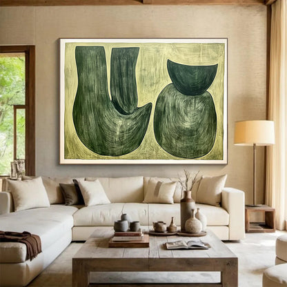 “Green Shapes on Beige” - Greens, Beiges, Abstract Organic Shapes - Acrylic Painting HB1762