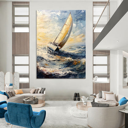Contemporary impasto artwork depicting graceful sailboats under clear skies, featuring thick brush strokes and canvas texture, ideal for enhancing any space. DLZ1269