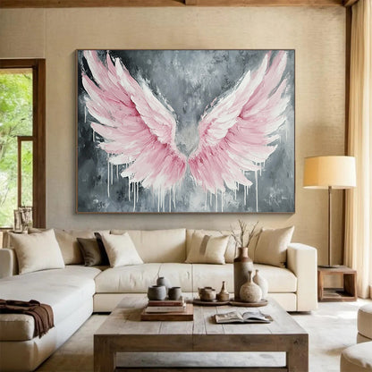 “Pink Winged Dreams” - Soft pinks, whites, grays; Textured angel wings, dripping paint; Contemporary Abstract Painting On Canvas HB1162