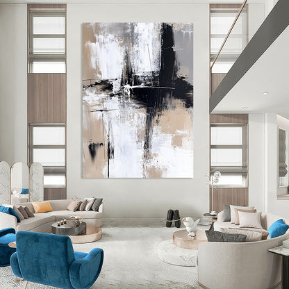 Contemporary hand-painted abstract art featuring bold brush strokes in neutral tones and striking paint splashes for a modern aesthetic. DLZ0306