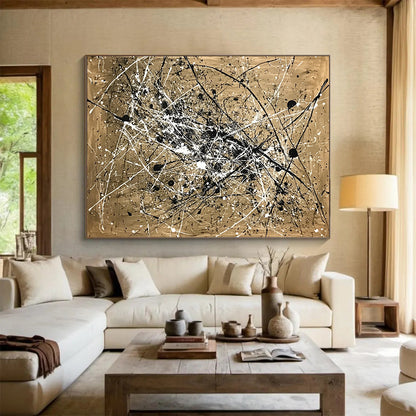 “Splattered Black and White on Gold” - Gold, Black, White, Abstract Splatter Art - Acrylic Painting HB1655