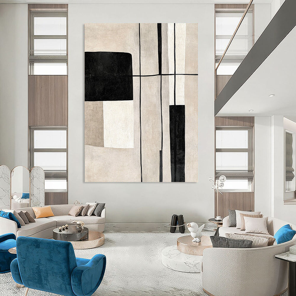 Contemporary hand-painted abstract art featuring geometric shapes in black and white on a soothing beige background with delicate lines. DLZ1322