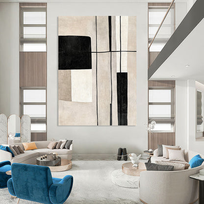 Contemporary hand-painted abstract art featuring geometric shapes in black and white on a soothing beige background with delicate lines. DLZ1322