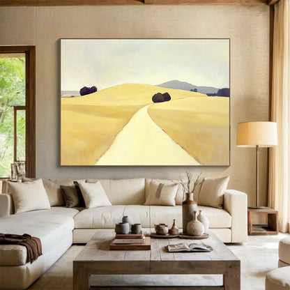 Yellow, Gray, Purple and Green Minimalist Path "Golden Journey" Painting On Canvas HB0672