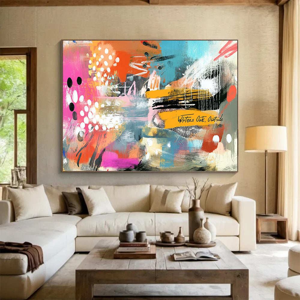 “Vibrant Abstract Collage” - Bold mix of pink, orange, blue with playful patterns, Contemporary Mixed - Media Painting On Canvas HB0539