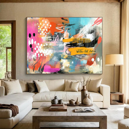 “Vibrant Abstract Collage” - Bold mix of pink, orange, blue with playful patterns, Contemporary Mixed - Media Painting On Canvas HB0539