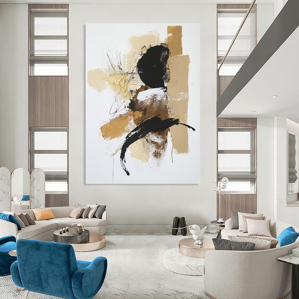 Contemporary abstract painting features a white background with a beige and black palette accented in gold utilizing dry brush technique and textured strokes. DLZ0432
