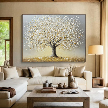 “Silver - Golden Tree” - Gray background, silver leaves, golden accents, Textured Tree Painting On Canvas HB0594