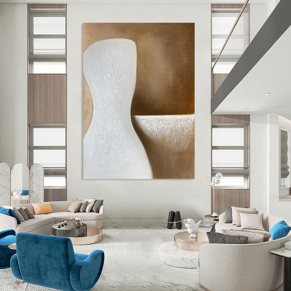 Contemporary abstract art featuring soft beige tones with elegant curves and gentle shadows, creating a serene minimalist composition on a textured canvas surface. DLZ0998