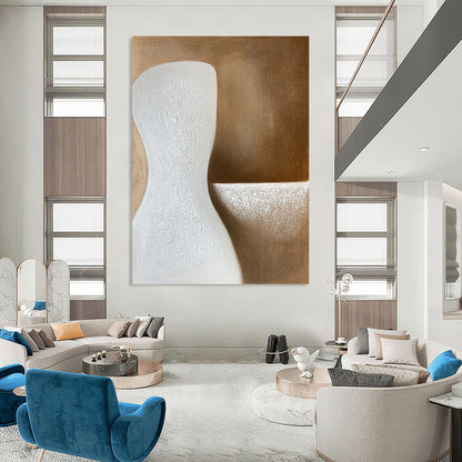 Contemporary abstract art featuring soft beige tones with elegant curves and gentle shadows, creating a serene minimalist composition on a textured canvas surface. DLZ0998