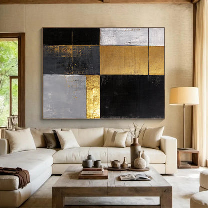 Black, White, Gold, Gray, Patchwork Squares "Gilded Mosaic Tiles" Abstract Minimalist Painting On Canvas HB162