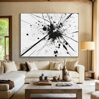 Black Splattered Explosion on White - “Energetic Ink Burst” Painting On Canvas HB218
