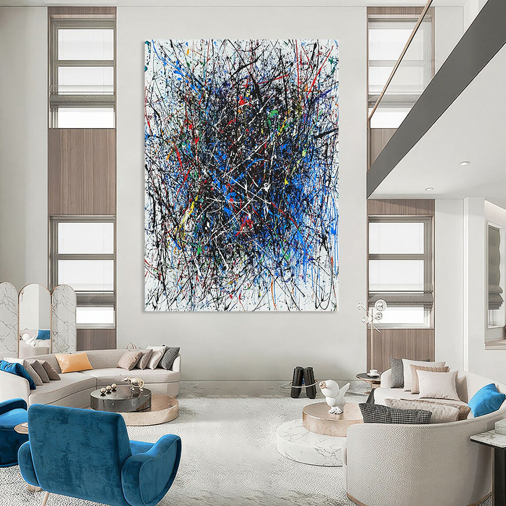 Contemporary hand-painted abstract artwork featuring vibrant interlaced lines in blue red black white green and purple with dynamic shapes enhancing its energy. DLZ1285