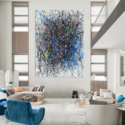 Contemporary hand-painted abstract artwork featuring vibrant interlaced lines in blue red black white green and purple with dynamic shapes enhancing its energy. DLZ1285