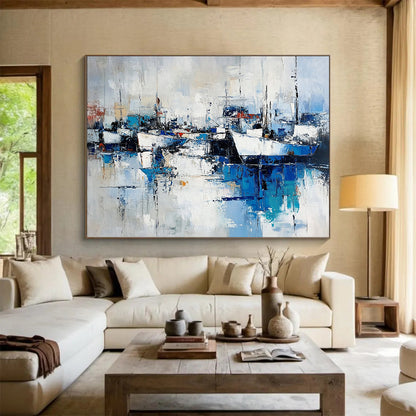 “Abstract Harbor Reflections” - Blue, White, Gray, Dynamic Boat & Water Scenes Painting On Canvas HB1022